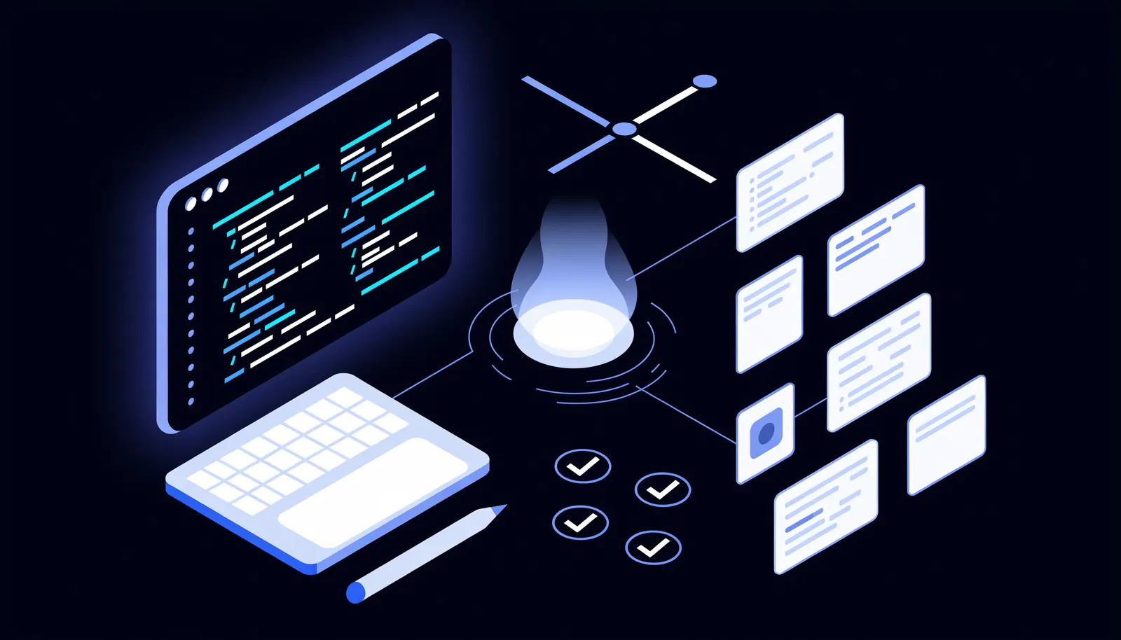 Illustration: Claude Code als KI-Coding-Assistent im Terminal – Code, Git und Tests im Unternehmen